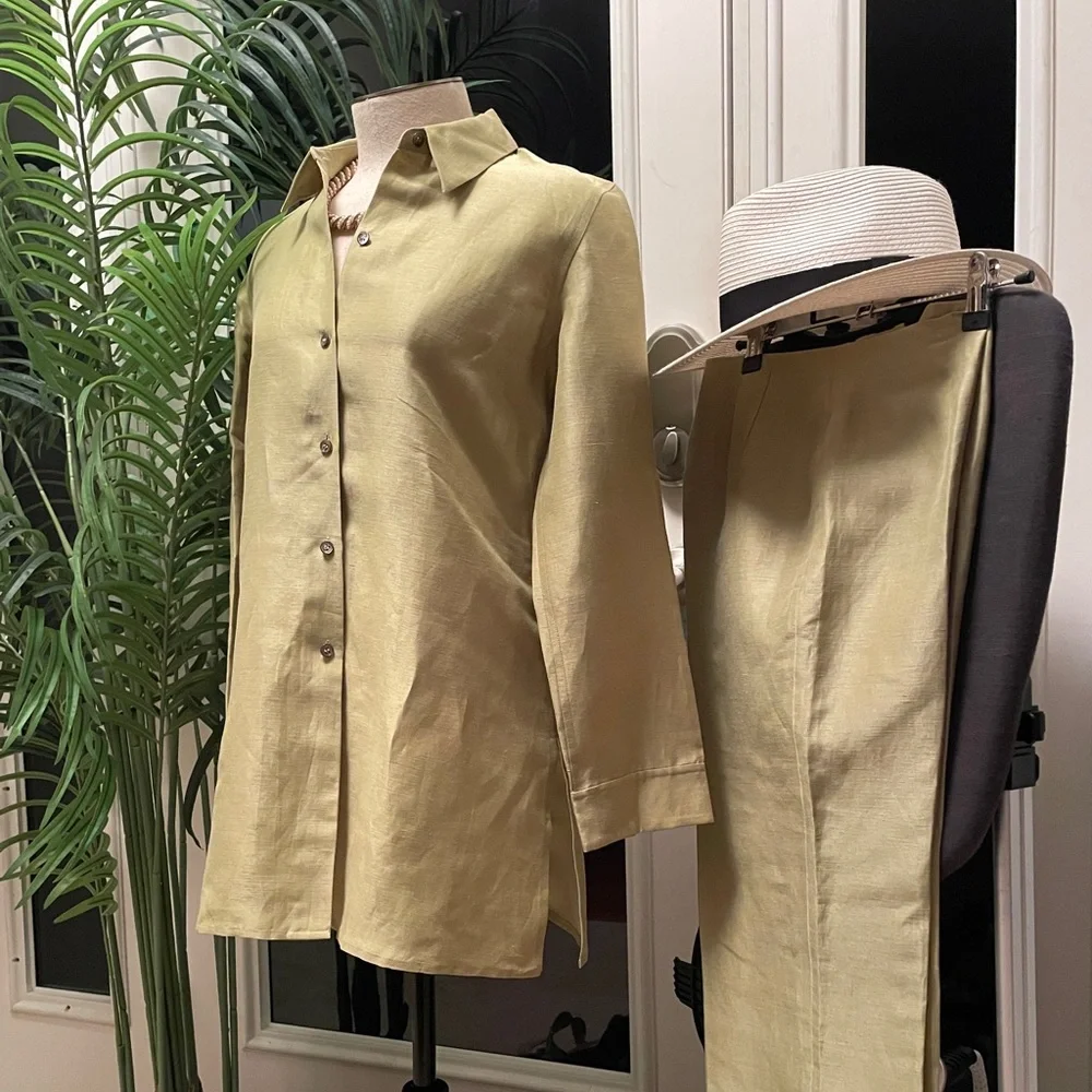 Sigrid Olsen Chartreuse Silk Linen Pantsuit Set Extra Small/4P Pristine 🌴 ✨✨ - Picture 8 of 16
